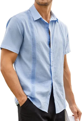Vista 3 de Hestenve Guayabera - Camisas casuales de lino y algodón con botones de manga corta para hombre, camisa hawaiana cubana de verano, playa, trabajo