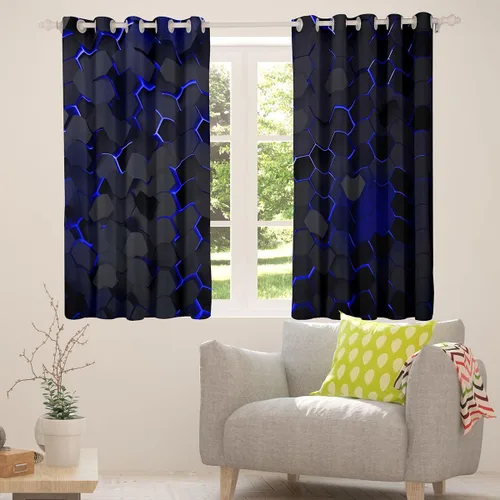 Vista 4 de Cortinas opacas negras de panal de abeja con luces de neón azul real, tratamientos de ventana con estampado geométrico hexagonal, decoración