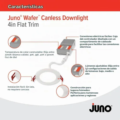 Vista 3 de Juno Luces LED Empotradas de 4 Pulgadas Redondas con Deflector de Oblea Downlight, Temperatura de Color Blanco Conmutable 5 en 1, Brillo Ajustable