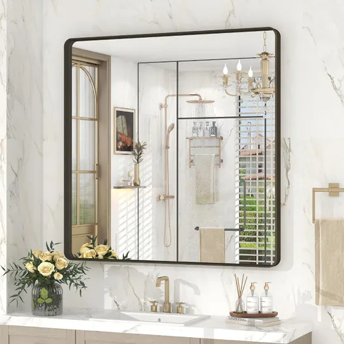 Vista 57 de Espejo rectangular para pared de baño de 20x30 pulgadas con marco negro mate, espejo de tocador con esquinas redondeadas, espejo de baño de metal