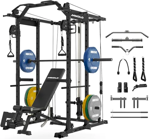 Vista 9 de Mikolo Jaula de Potencia, Rack de Potencia con Sistema de Cruce de Cables, 1500LBS Rack para Sentadillas con Sistema de Jalón LAT, Jaula de Negro