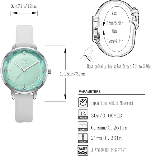 Vista 2 de SK - Reloj de pulsera para mujer, correa de piel, de cuarzo, reloj de lujo japonés de cuarzo.
