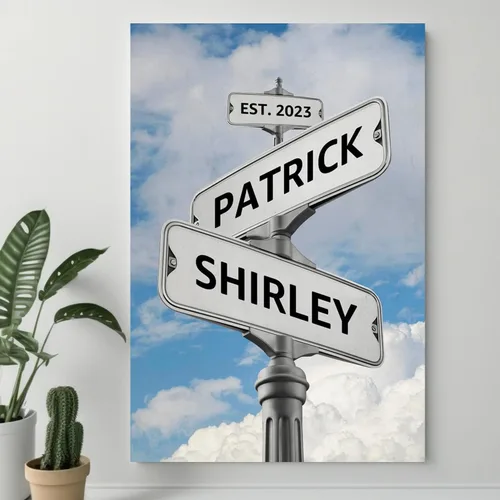 Vista 12 de Cartel de calle vintage de lienzo personalizado para parejas, cartel de cruce de caminos con nombre personalizado, el mejor regalo para parejas