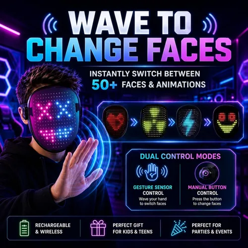 Vista 7 de LED Face Mask for Kids & Adults Gesture Sensing Light Up Mask Digital Halloween Costume Cosplay Mask