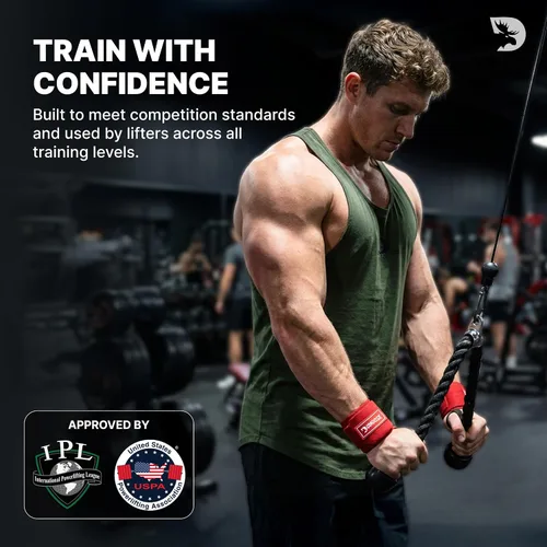 Vista 8 de DMoose Fitness Muñequeras para levantamiento de pesas de 18 pulgadas – Envoltura de gimnasio resistente con lazo para el pulgar para apoyo y alivio
