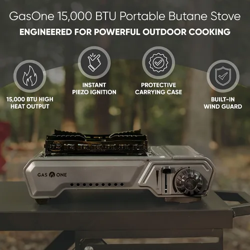 Vista 2 de GasOne GS-5900A - Estufa portátil de butano de 15,000 BTU con estuche resistente: encendido automático, alto rendimiento, control de calor preciso