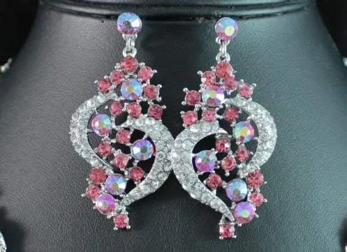 Vista 3 de janefashions de corazón babero collar arete set N1620nupcial de vidrio rhinestone de Austria (Rosa)