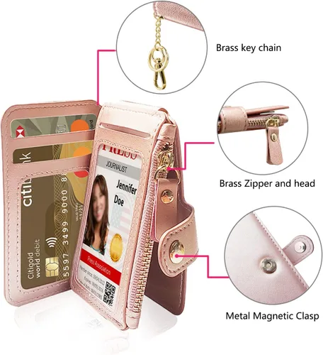 Vista 2 de Penekin Cartera con llavero con ventana de identificación, tarjetero de cuero con cremallera para mujer, Rosado, Multifunción