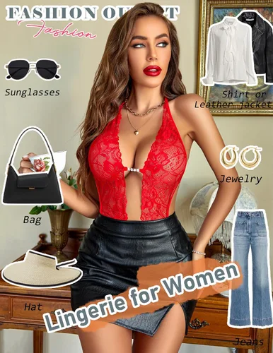 Vista 16 de Avidlove - Body de lencería de una pieza para mujer, diseño de encaje sexy con escote en V profundo, babydoll, ropa de dormir, tallas XS a XXXL