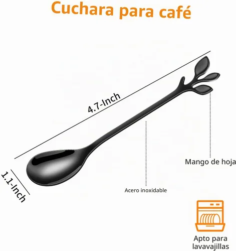 Vista 2 de AnSaw Elegantes Cucharas de Café de Hoja Negra - 10 Piezas, 4.7" Mini Cucharas de Acero Inoxidable para Espresso y Postre, Perfectas para Demitasse