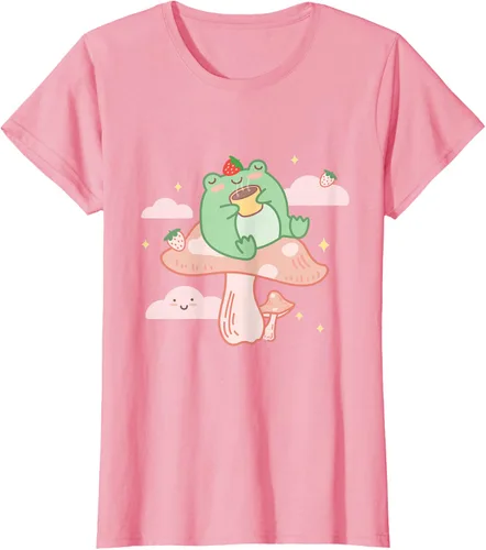 Vista 14 de Kawaii Strawberry Frog On Mushroom - Camiseta de manga corta de anime, Azul / Patchwork, S Azul Pastel