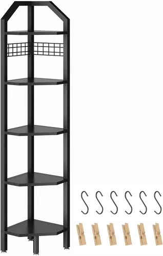 Vista 9 de YMYNY UHBR006B - Estante esquinero de pared de 5 niveles, estante de escalera de esquina, marco de metal, estante de exhibición con rejilla de Negro