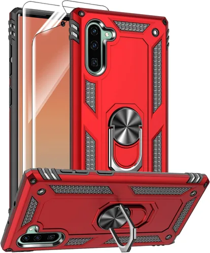 Vista 8 de Funda para Samsung Galaxy Note 10, Note10 con protectores de pantalla HD, soporte de anillo de metal de grado militar con soporte de anillo de Negro