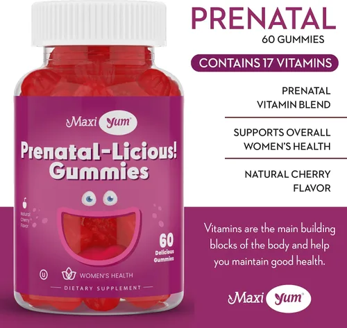 Vista 3 de Maxi Health Gomitas prenatales orgánicas para mujer, gomitas prenatales con sabor a cereza kosher, vitaminas prenatales para mujeres con ácido