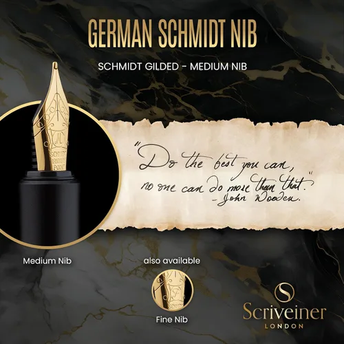 Vista 6 de Scriveiner Pluma Estilográfica EDC de Lujo (Mediana), Impresionante Pluma de Bolsillo Negra de Lujo, Chapado en Oro Real, Plumín Dorado Schmidt 1.