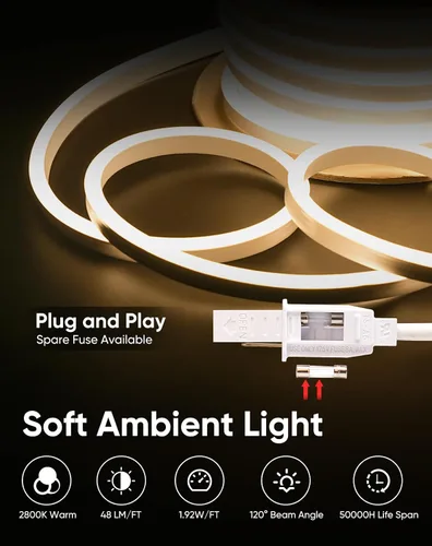 Vista 3 de KANAYA Luz de cuerda LED de neón de 16 pies con certificación ETL, CA 110V-120V conectable cortable iluminación IP65 impermeable, para decoración
