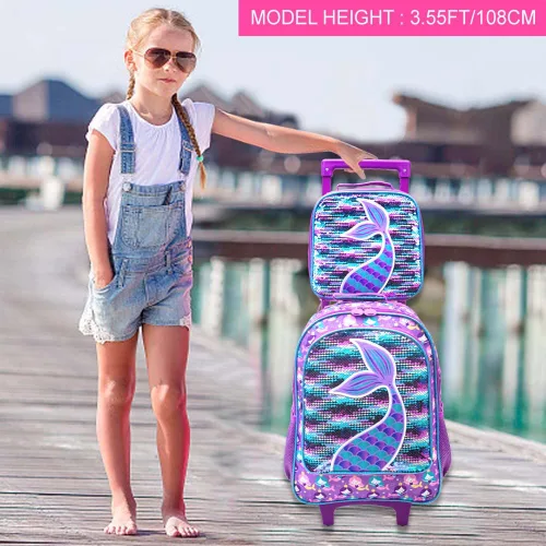 Vista 7 de 3 mochilas con ruedas para niñas, mochila escolar con ruedas y bolsa de almuerzo, sirena