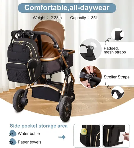 Vista 4 de MOONBABY Mochila para pañales, bolsas de pañales para bebés con cambiador portátil y estuche para chupete, mochilas multifuncionales para pañales