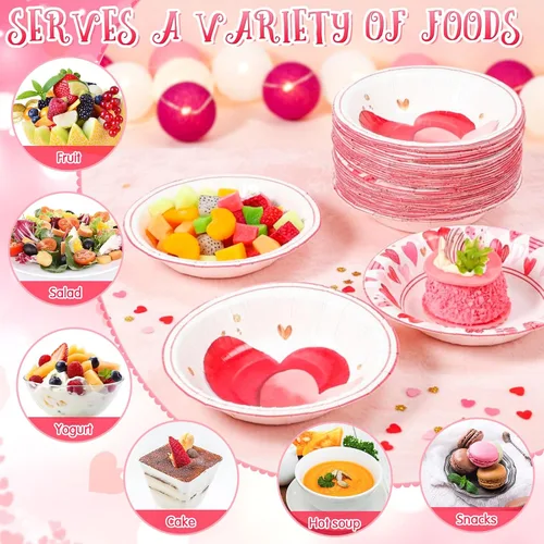 Vista 5 de Sliner 50 cuencos de papel desechables de 16 onzas para el día de San Valentín, 2 estilos, cuenco de sopa compostable con corazón rosa, recuerdo