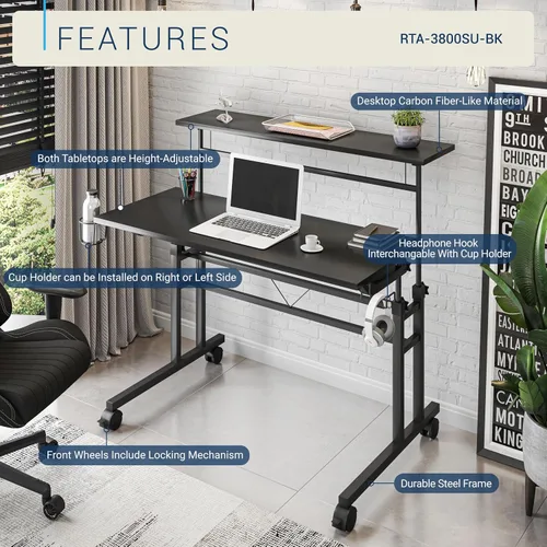 Vista 4 de Techni Mobili Escritorio con ruedas de altura ajustable con soporte para tazas, color negro