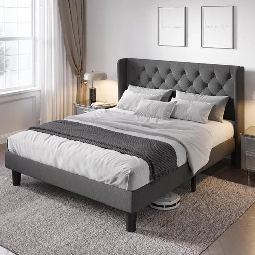 Vista 9 de Allewie Base de cama de tamaño matrimonial con cabecera copetuda con botones en la parte trasera, marco de cama tapizado moderno con soporte