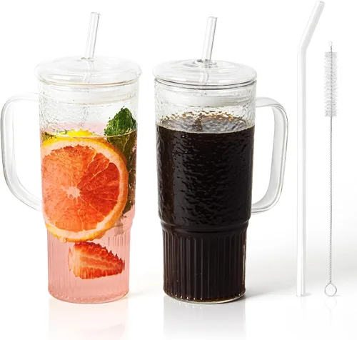 Vista 14 de JunVpic Tazas de vidrio con tapas y popotes, ámbar 20 OZ. Vasos para agua helada, zumo, té, leche, batido y bebidas frías o calientes, juego de 2