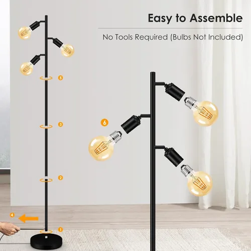 Vista 5 de BoostArea Lámpara de Pie, Lámpara de Pie Industrial, Lámpara de Pie Moderna Tipo Árbol con 3 Luces Ajustables, Casquillo E26, Interruptor de Pie