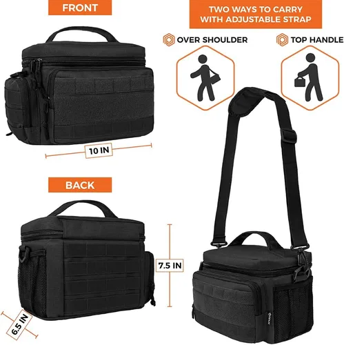 Vista 4 de opux Lonchera táctica para hombres, bolsa de almuerzo aislada negra para hombres adultos, enfriador de almuerzo suave a prueba de fugas