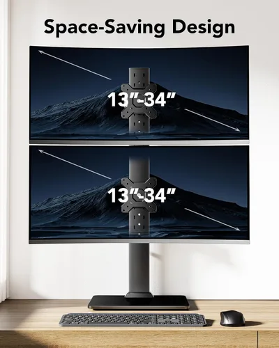 Vista 2 de HUANUO Soporte de monitor doble para 13 a 34 pulgadas, carga máxima de 44 libras, soporte vertical para monitor, elevador de monitor independiente