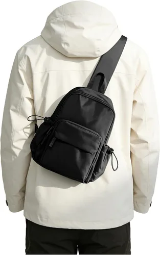 Vista 18 de SEAFEW Small Beige Sling Backpack Travel Hiking Daypack, Crossbody Sling Bag with USB Charging Port for Men Women 3 Layer Pockets One Shoulder Bag