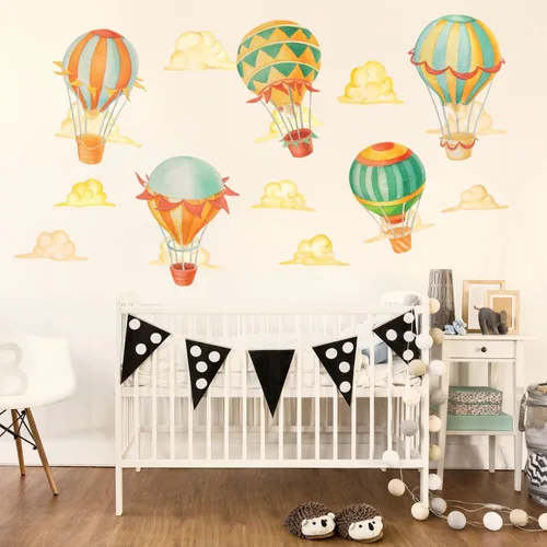 Vista 4 de Up & Away - Kit de calcomanías de pared con globo aerostático en acuarela – Calcomanía de pared de globo aerostático Chromantics