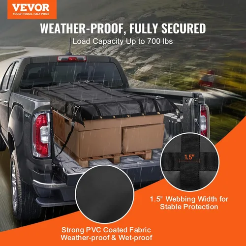 Vista 2 de VEVOR Red de carga impermeable, 72 pulgadas x 57 pulgadas, red de carga resistente para camiones (WLL) 700 libras, 4 correas ajustables