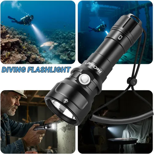 Vista 6 de Linterna de buceo de 873 pies de profundidad, linterna submarina para seguridad de buceo, luz de buceo, recargable IPX8 impermeable, 3 modos
