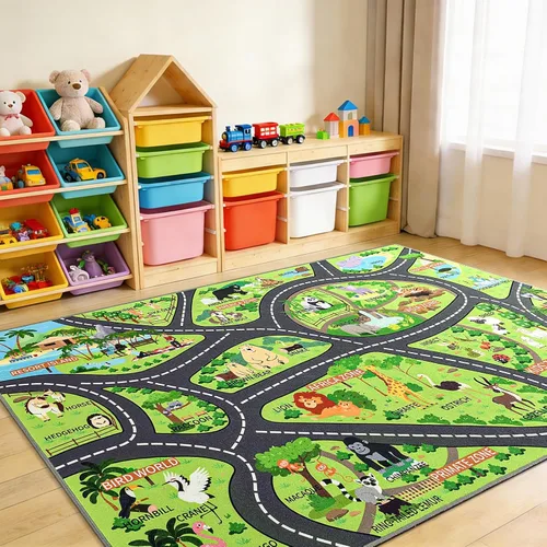 Vista 14 de Alfombras de juego de autos para niños, 36 x 60 pulgadas, tapete de juego de mapa de ruta urbano para jugar con autos, camiones, tapete de juego