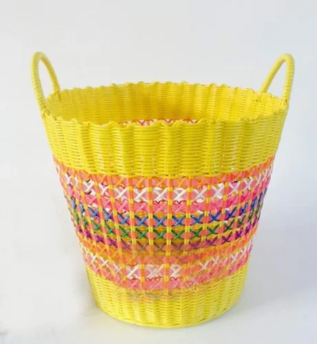 Vista 6 de MYtodo - Cesta tejida de plástico para juguetes, ropa sucia, cesta de almacenamiento hueca, barriles de lavandería (verde)