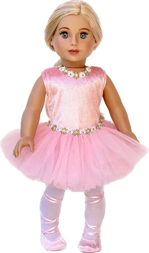 Vista 2 de Prima Bailarina - Traje de bailarina de 3 piezas para muñecas de 18 pulgadas, leotardo rosa con tutú, medias blancas y zapatos de ballet