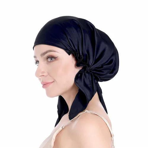 Vista 16 de SissiLita Gorro de seda 100% para dormir, gorro de seda grande con banda de amarre para el cuidado del cabello rizado (azul)