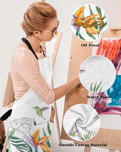 Vista 4 de Pastoral Botanical Bib Aprons with Pockets Waterproof, Adjustable Apron for Men Women Summer Tropical Palm Leaves Birds
