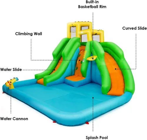 Vista 5 de Boundtech - Casa inflable para saltar, para usar en la alberca, con dos toboganes, pared de escalada, aro de baloncesto, alberca para sambullirse