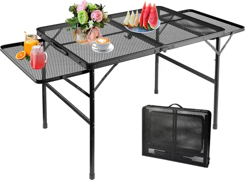 Vista 9 de Mesa de campamento pequeña baja con 2 paneles de alas, mesa de picnic baja plegable y al aire libre con 2 estantes, ligera y fácil de transportar