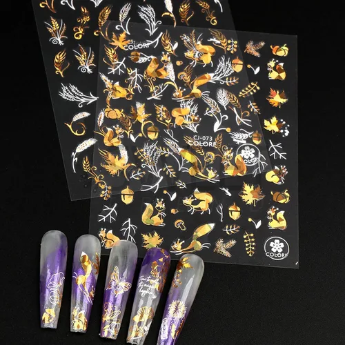 Vista 4 de 6 hojas de calcomanías para uñas de otoño, Acción de Gracias, 3D, autoadhesivas, hojas de arce, suministros de arte de uñas, flores de oro blanco