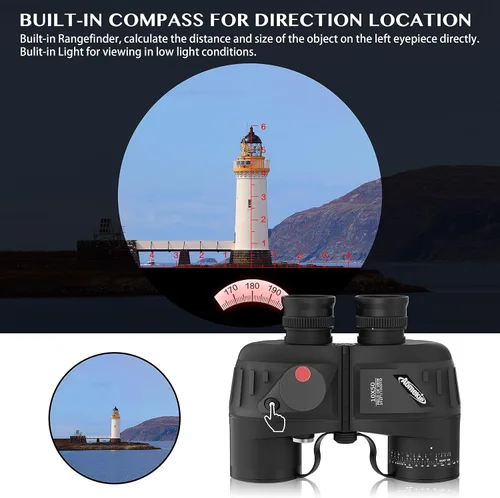 Vista 5 de Aomekie - Prismáticos militares marinos para adultos, 10 x 50, impermeables con telémetro y brújula, prisma BAK4, lente FMC para observación de Negro