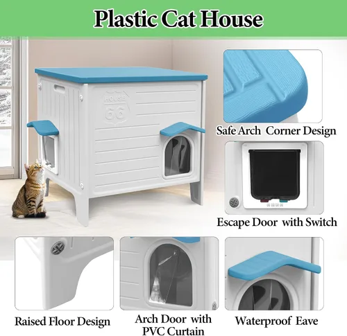 Vista 5 de Deblue Casa de Gatos al Aire Libre Resistente a la Intemperie Grande de Plástico con Puerta de Escape para Gatos Interiores Impermeable Refugio