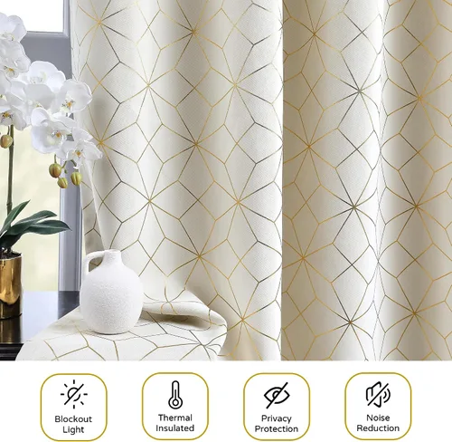 Vista 5 de Beauoop - Cortinas opacas 100% de 54 pulgadas de largo para dormitorio y sala de estar, con patrón marroquí dorado, paneles de tratamiento