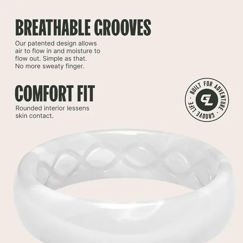 Vista 3 de Groove Life Anillo de silicona fina y sólida, anillos de boda de goma transpirable para mujeres, cobertura de por vida, diseño único, anillo