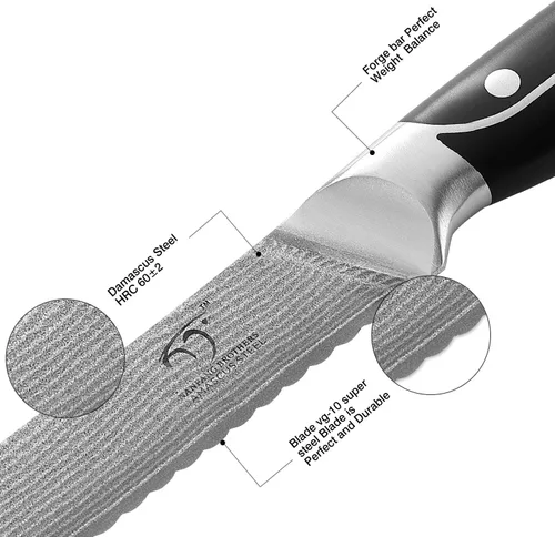 Vista 2 de Cuchillo de pan dentado de 8 pulgadas, cuchillo de cocina profesional de la serie XingRui forjado con VG10 Super Steel de 67 capas de Damasco, mango