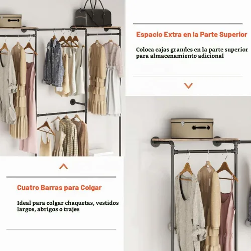 Vista 5 de KaKaBB Perchero industrial de tubería, perchero de pared para colgar ropa, perchero de esquina ajustable en forma de L con estantes, sistema de Negro