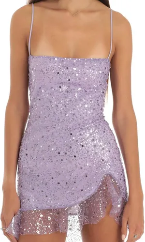 Vista 2 de XBTCLXEBCO Minivestido sexy de Seqiun brillante para mujer, vestido de malla transparente con volantes Y2K, vestido de fiesta Grunge de hadas Y2K
