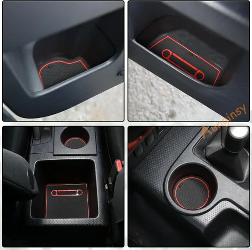 Vista 6 de Aunginsy Kit de alfombrillas con ranura para automóvil (15 unidades), goma, rojo y negro, compatible con Toyotaa FJ Cruiser 2007-2021, consola