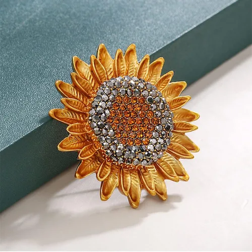 Vista 5 de Broche de girasol con diamantes de imitación, vintage, dorado, amarillo, elegante, para mujer, collar multiusos